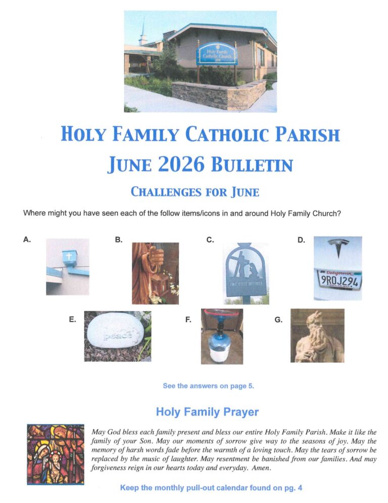 Front page of Holy Family Catholic Church bulletin with blue vertical title and small photos (stained glass, font, cross, statue, sign).