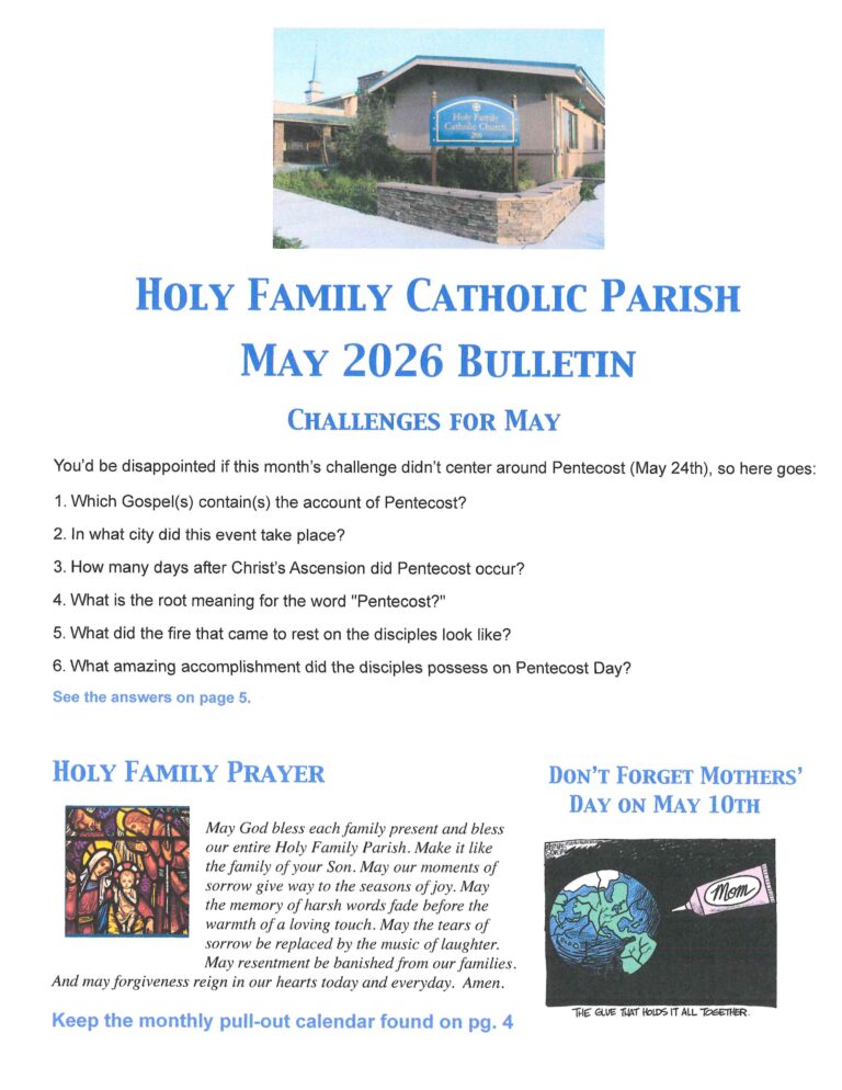 Bulletin cover for Holy Family Catholic Parish May 2026 featuring a photo of the church and bold blue headings.