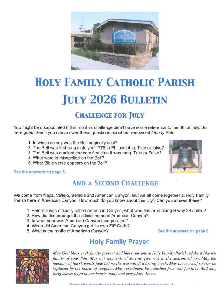 Front page of Holy Family Catholic Parish July 2026 Bulletin showing a photo of the church and a quiz section beneath the title text.