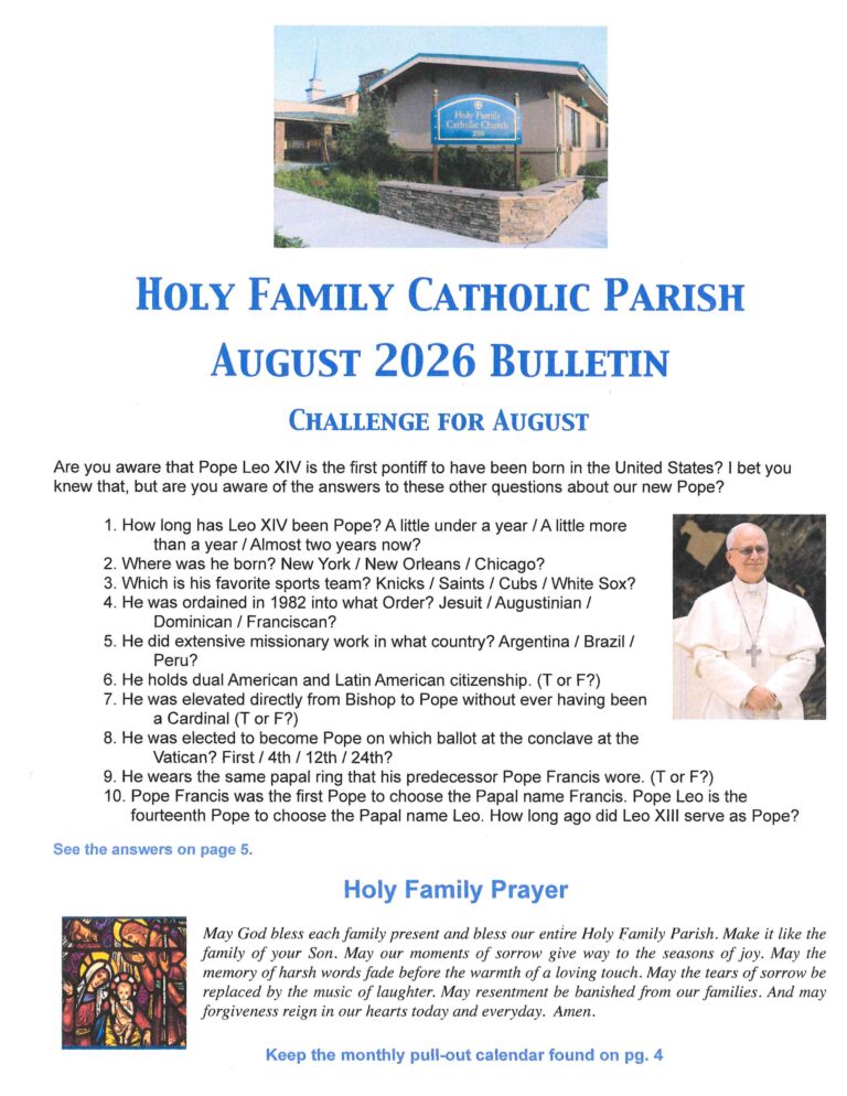 Cover page of Holy Family Catholic Parish August 2026 Bulletin with a photo of the church and large blue title text reading 'Holy Family Catholic Parish August 2026 Bulletin'.